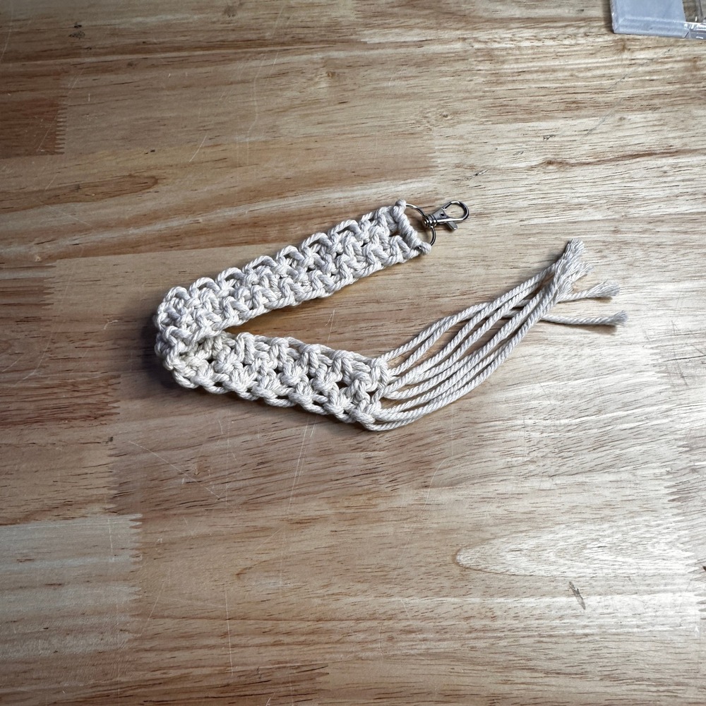 Handmade Macrame Wristlet Lanyard Cream Woven Cotton Key Strap with Fringe